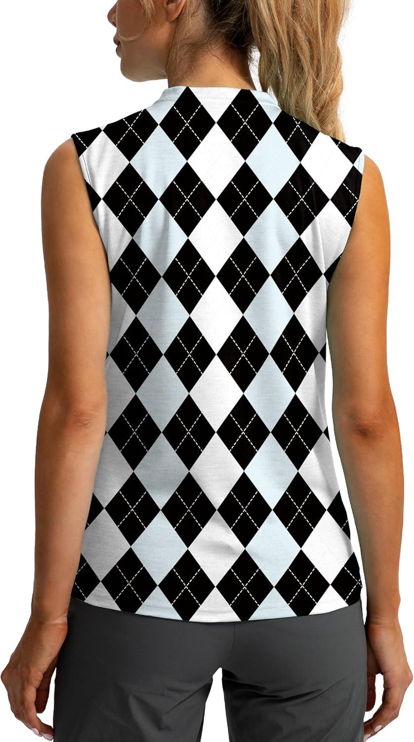 imageSANTINY Womens Sleeveless Golf Shirt Zip Up Tennis Lightweight Quick Dry Tank Tops Polo Shirts for WomenBlack Blue Argyle