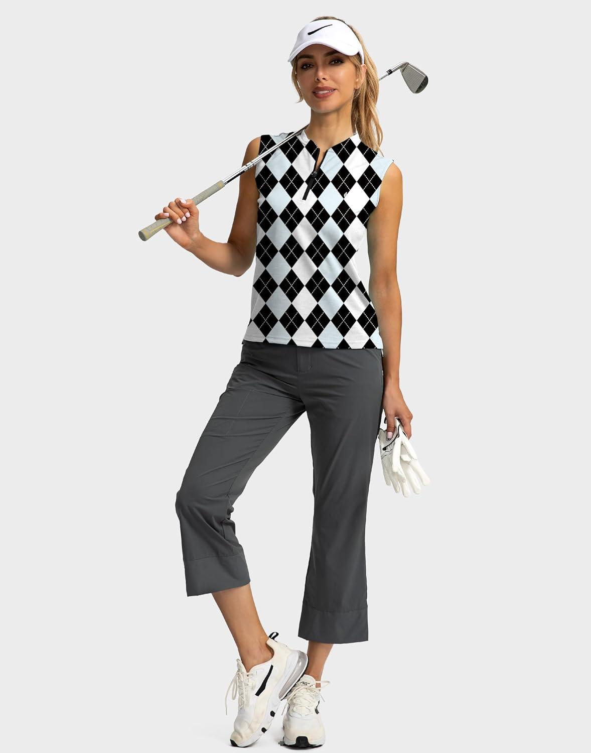 imageSANTINY Womens Sleeveless Golf Shirt Zip Up Tennis Lightweight Quick Dry Tank Tops Polo Shirts for WomenBlack Blue Argyle