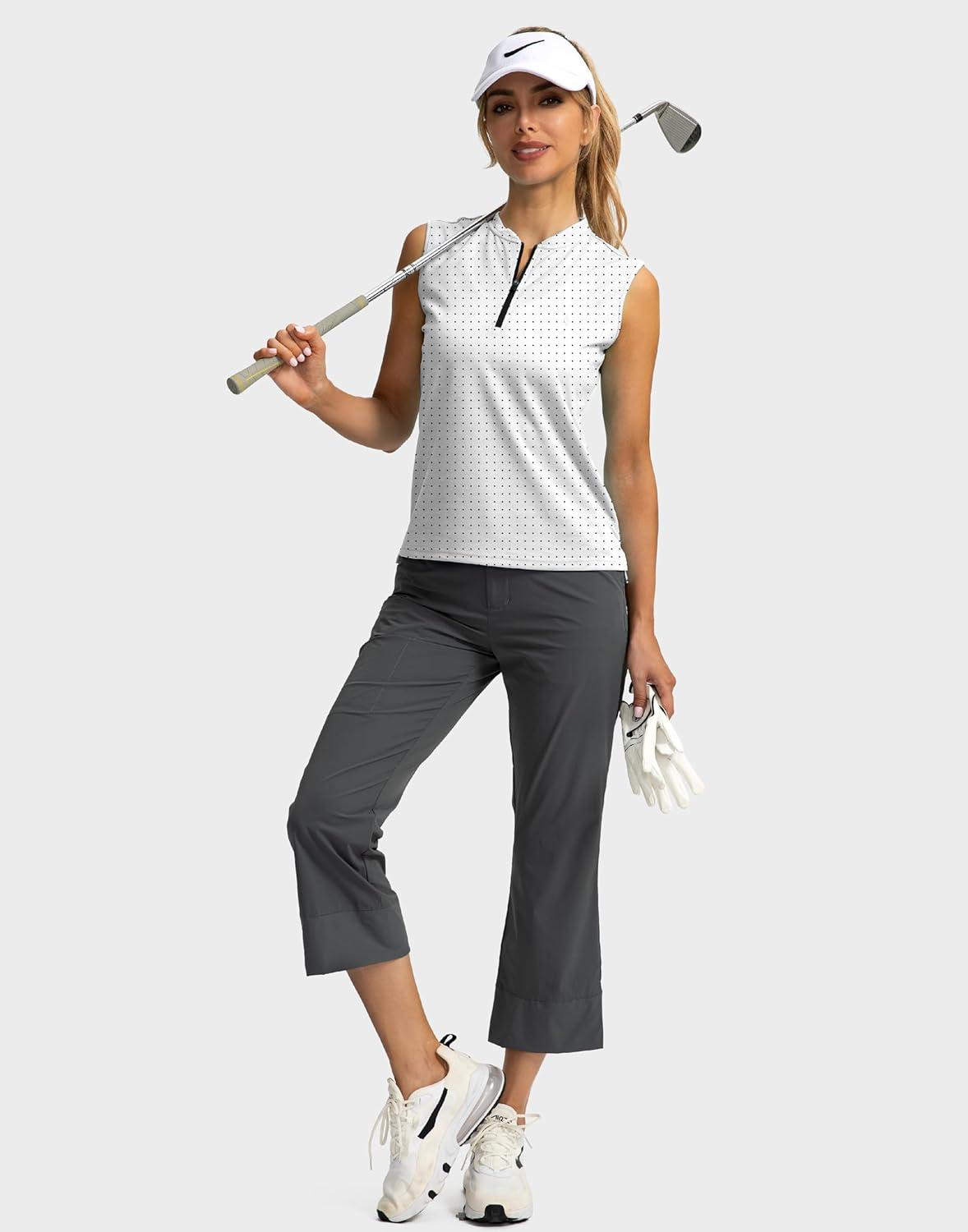 imageSANTINY Womens Sleeveless Golf Shirt Zip Up Tennis Lightweight Quick Dry Tank Tops Polo Shirts for WomenBlack Dot