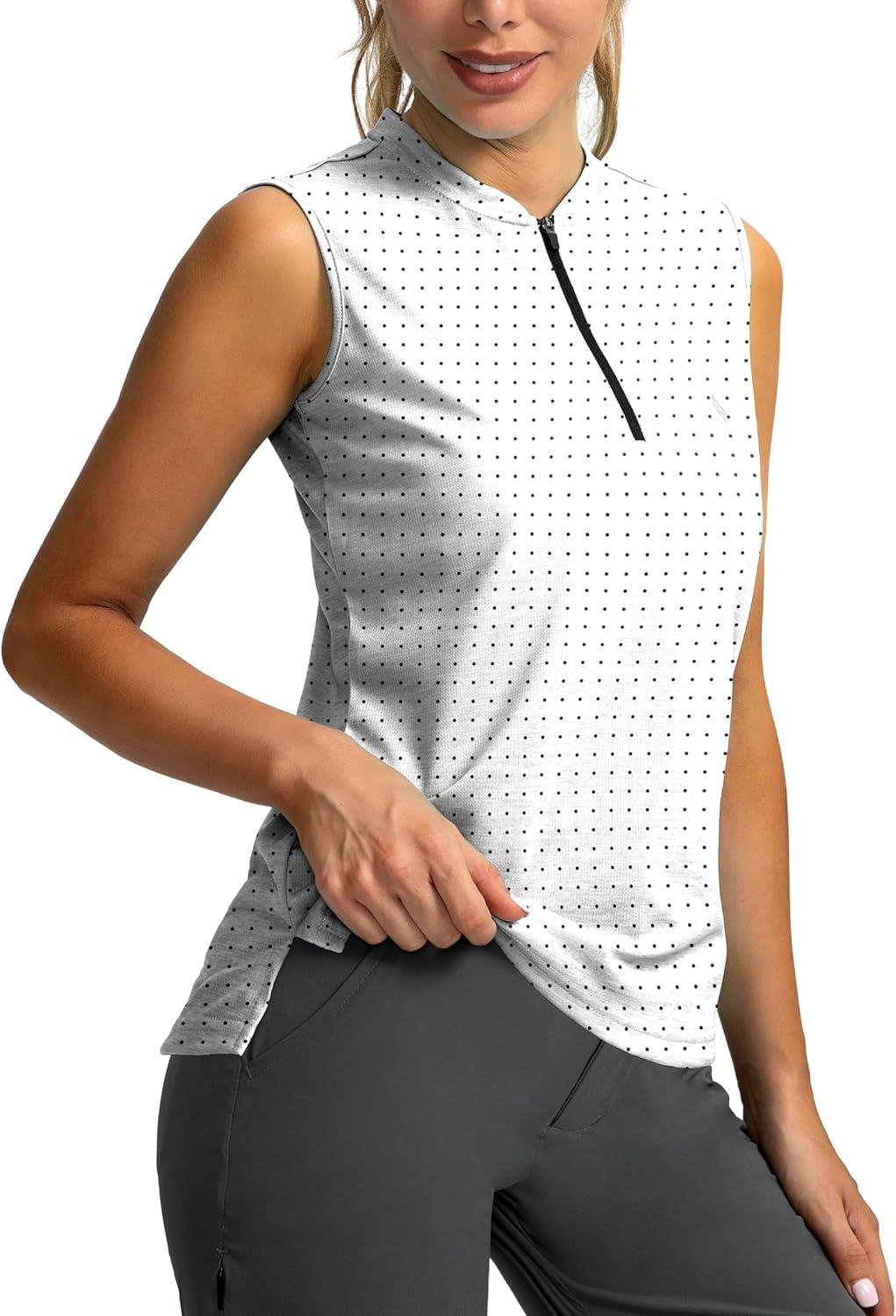 imageSANTINY Womens Sleeveless Golf Shirt Zip Up Tennis Lightweight Quick Dry Tank Tops Polo Shirts for WomenBlack Dot