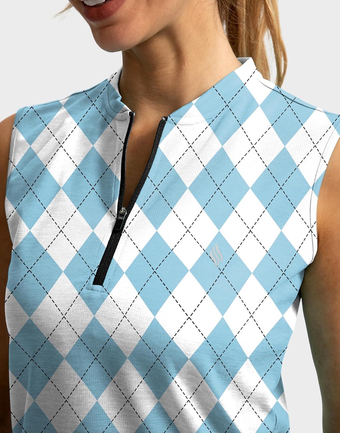 imageSANTINY Womens Sleeveless Golf Shirt Zip Up Tennis Lightweight Quick Dry Tank Tops Polo Shirts for WomenBlue Plaid