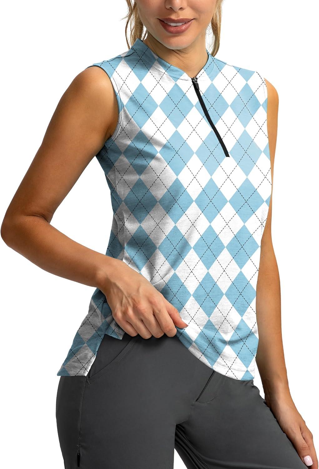 imageSANTINY Womens Sleeveless Golf Shirt Zip Up Tennis Lightweight Quick Dry Tank Tops Polo Shirts for WomenBlue Plaid