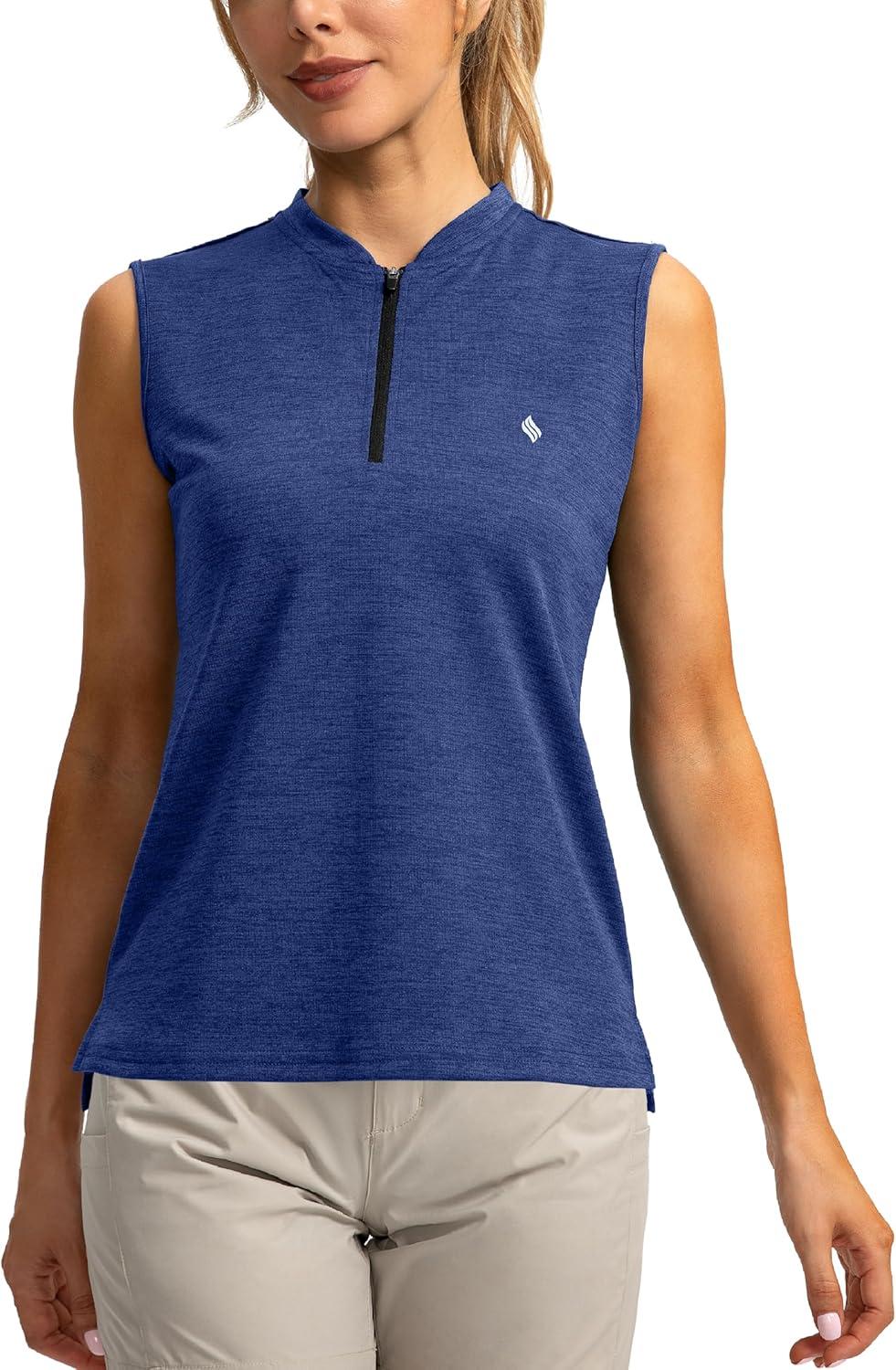 imageSANTINY Womens Sleeveless Golf Shirt Zip Up Tennis Lightweight Quick Dry Tank Tops Polo Shirts for WomenDark Blue