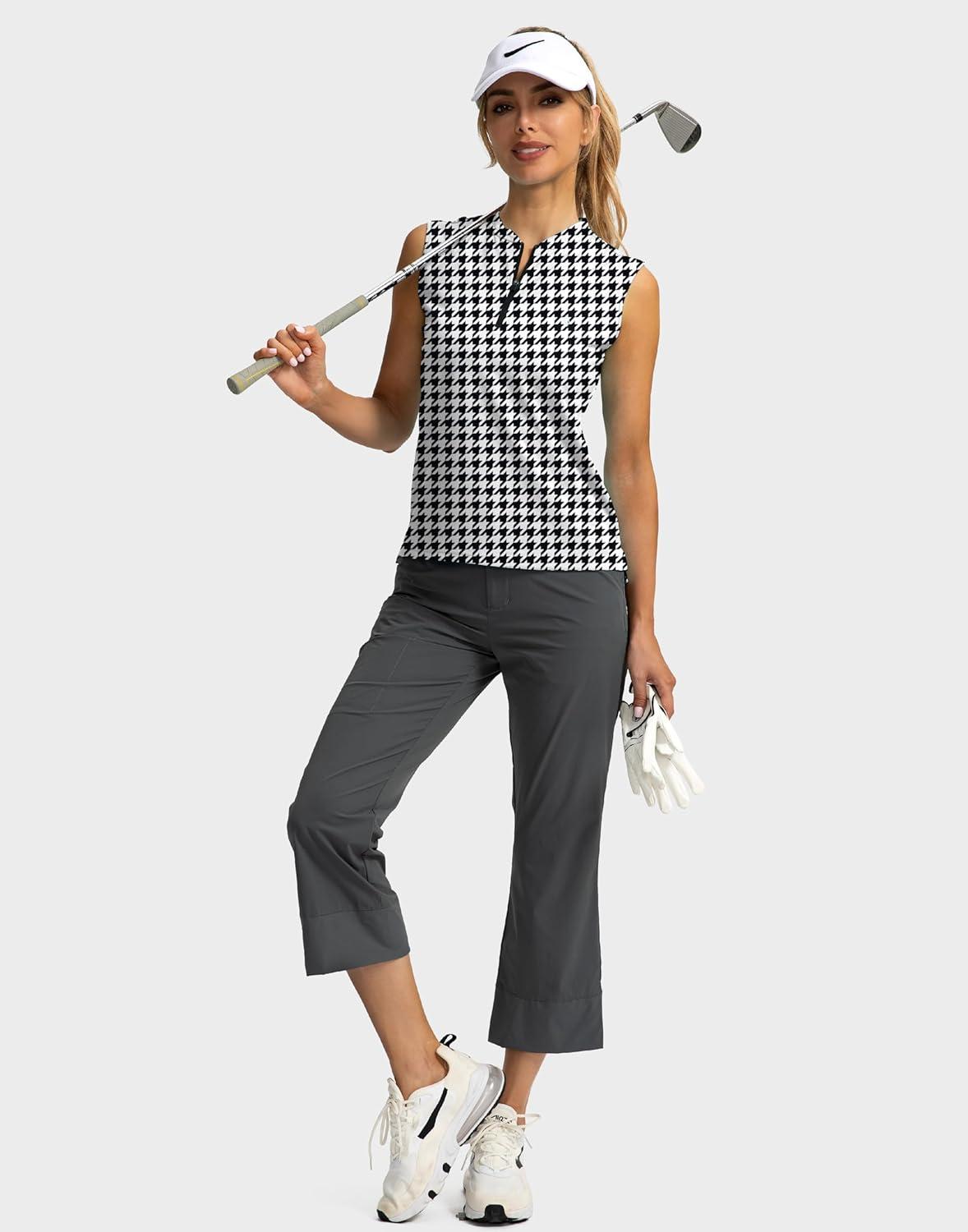 imageSANTINY Womens Sleeveless Golf Shirt Zip Up Tennis Lightweight Quick Dry Tank Tops Polo Shirts for WomenHoundstooth