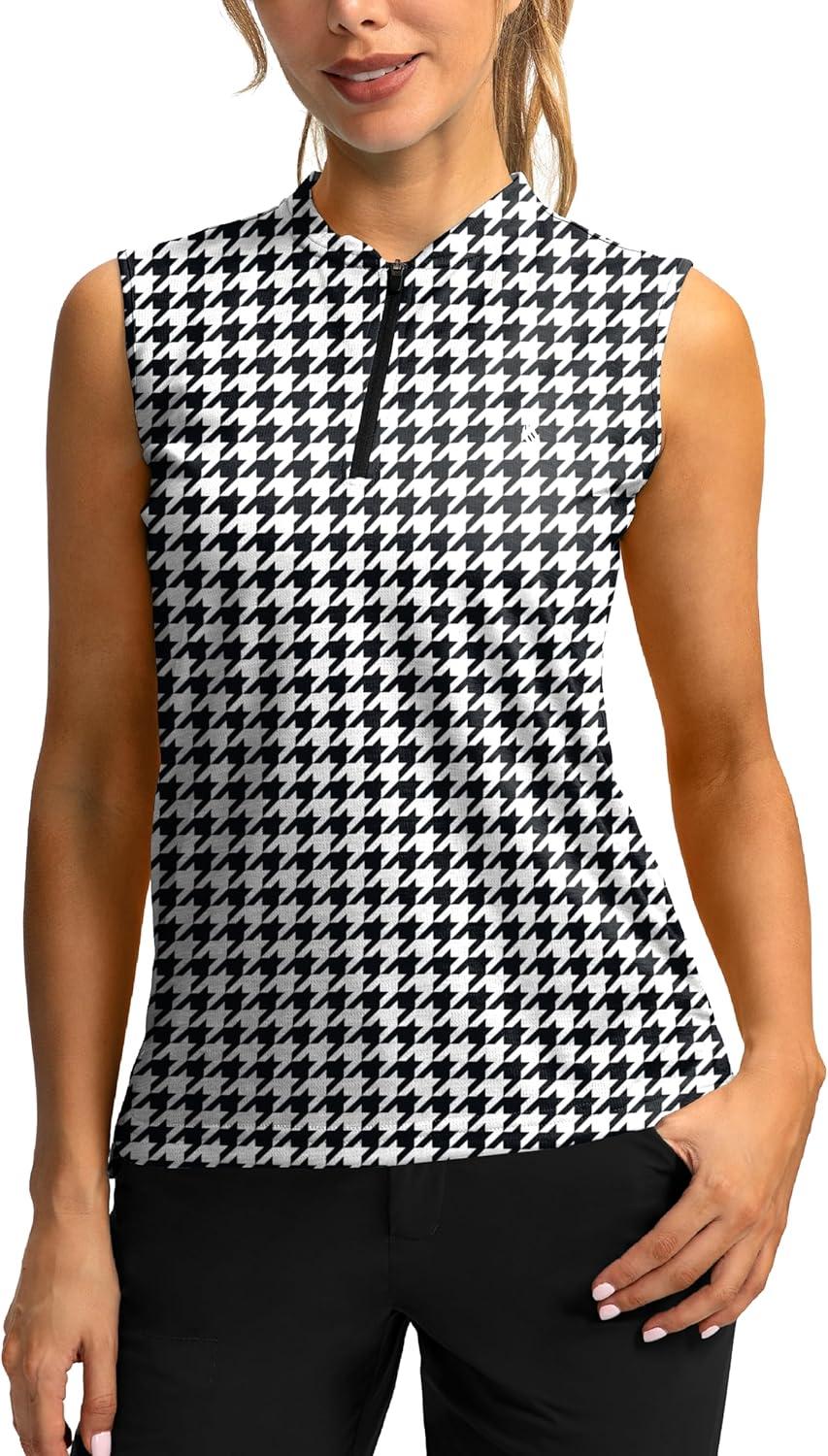 imageSANTINY Womens Sleeveless Golf Shirt Zip Up Tennis Lightweight Quick Dry Tank Tops Polo Shirts for WomenHoundstooth