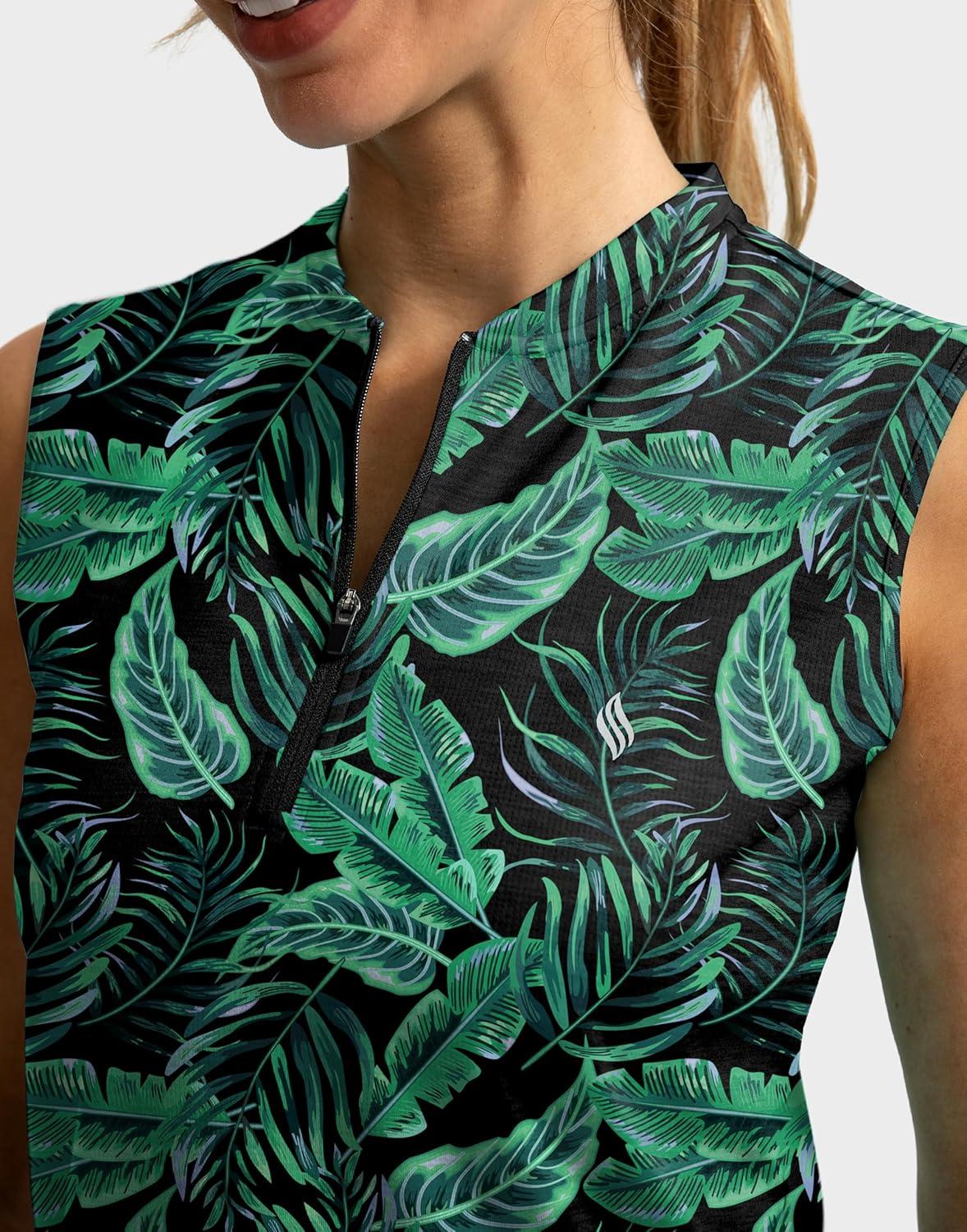 imageSANTINY Womens Sleeveless Golf Shirt Zip Up Tennis Lightweight Quick Dry Tank Tops Polo Shirts for WomenLeaf