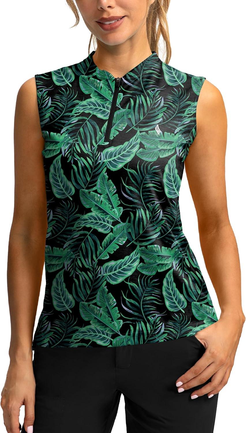 imageSANTINY Womens Sleeveless Golf Shirt Zip Up Tennis Lightweight Quick Dry Tank Tops Polo Shirts for WomenLeaf