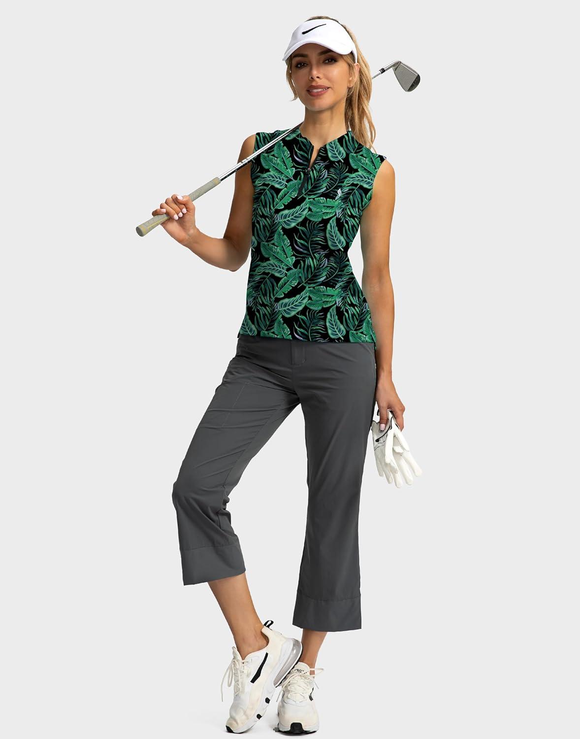 imageSANTINY Womens Sleeveless Golf Shirt Zip Up Tennis Lightweight Quick Dry Tank Tops Polo Shirts for WomenLeaf