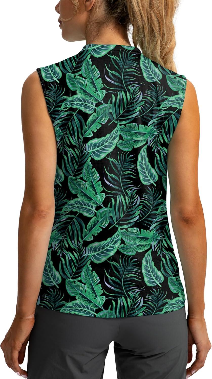 imageSANTINY Womens Sleeveless Golf Shirt Zip Up Tennis Lightweight Quick Dry Tank Tops Polo Shirts for WomenLeaf