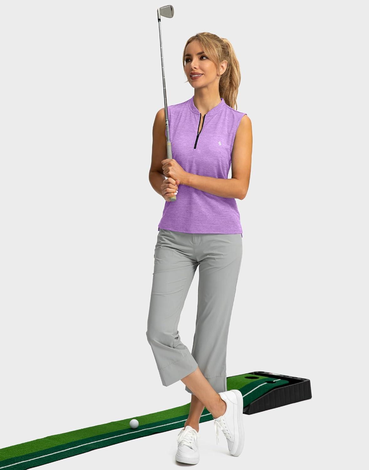 imageSANTINY Womens Sleeveless Golf Shirt Zip Up Tennis Lightweight Quick Dry Tank Tops Polo Shirts for WomenLight Purple