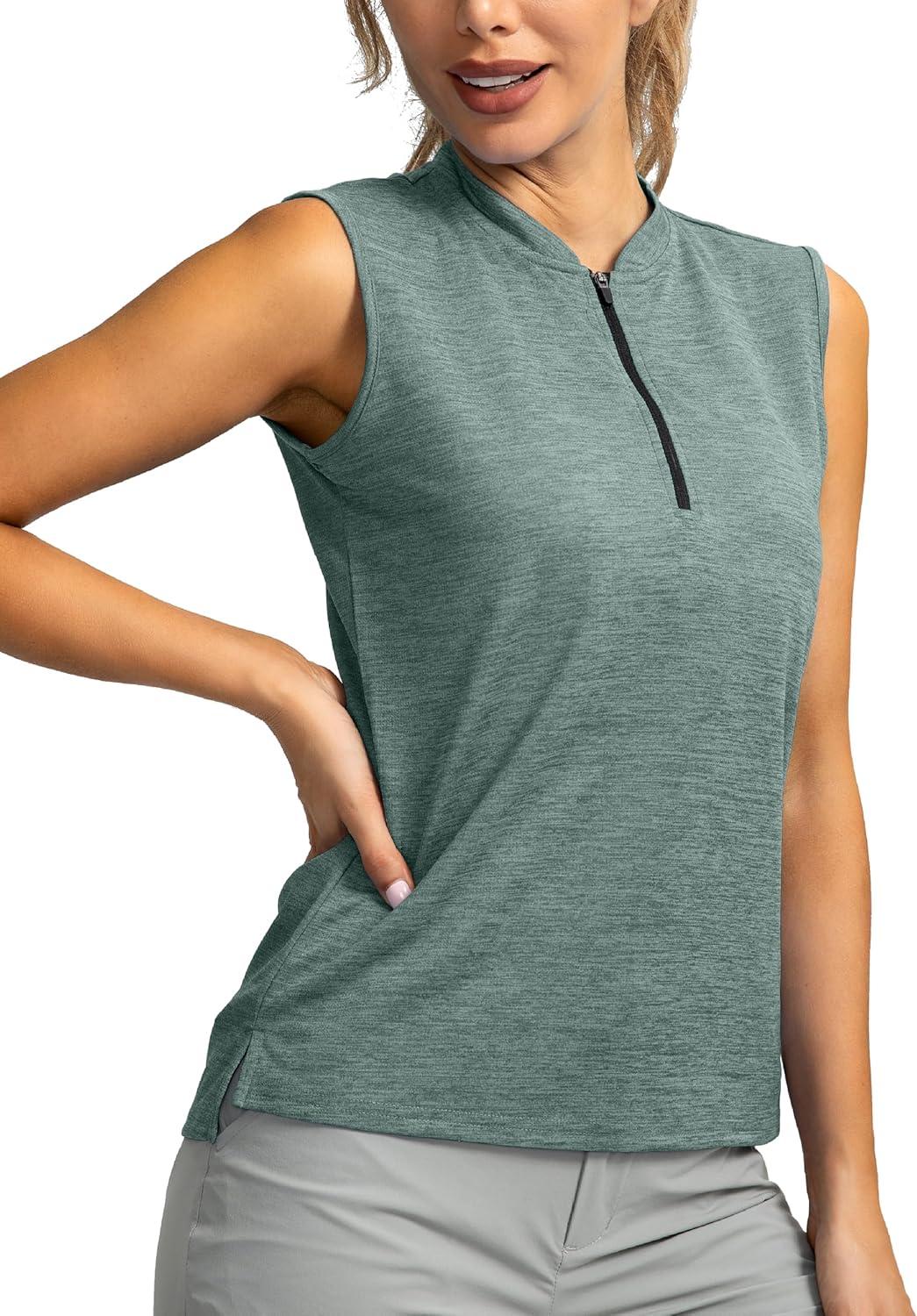 imageSANTINY Womens Sleeveless Golf Shirt Zip Up Tennis Lightweight Quick Dry Tank Tops Polo Shirts for WomenMalachite Green