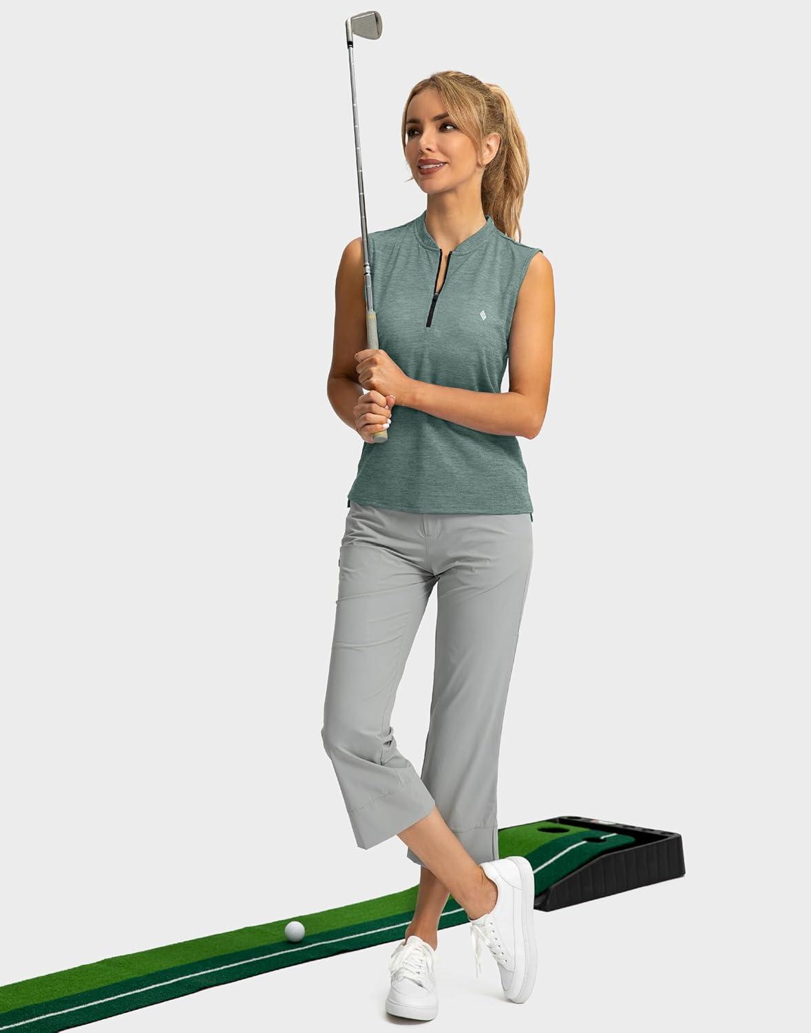 imageSANTINY Womens Sleeveless Golf Shirt Zip Up Tennis Lightweight Quick Dry Tank Tops Polo Shirts for WomenMalachite Green