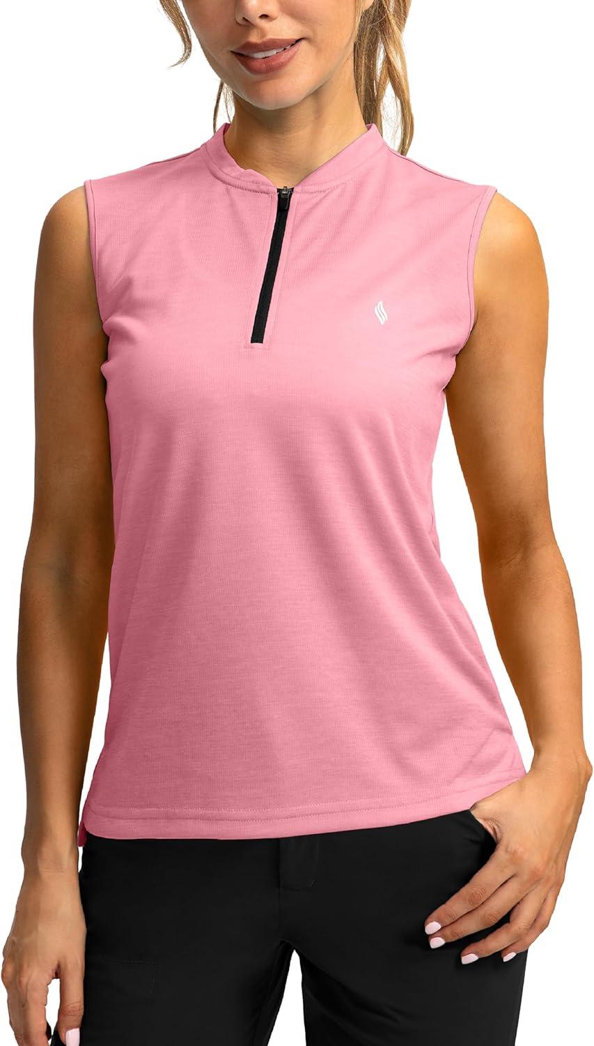 imageSANTINY Womens Sleeveless Golf Shirt Zip Up Tennis Lightweight Quick Dry Tank Tops Polo Shirts for WomenPink