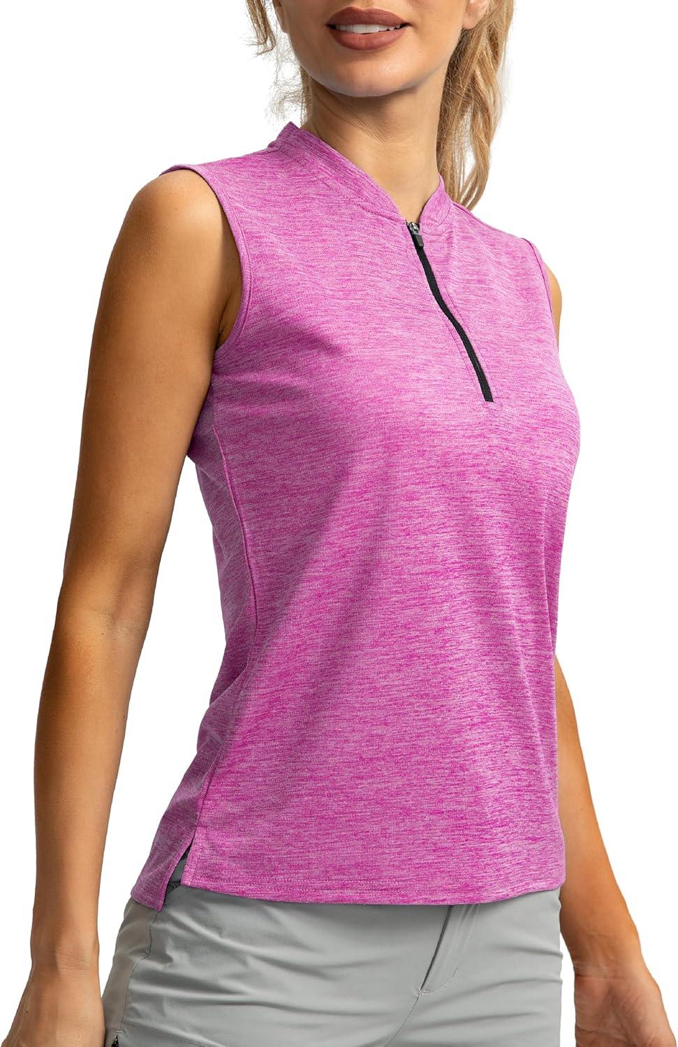 imageSANTINY Womens Sleeveless Golf Shirt Zip Up Tennis Lightweight Quick Dry Tank Tops Polo Shirts for WomenRose