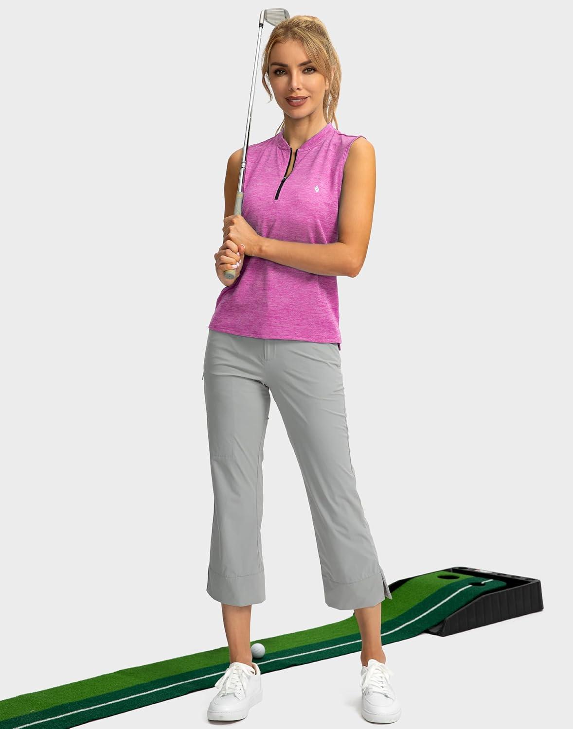 imageSANTINY Womens Sleeveless Golf Shirt Zip Up Tennis Lightweight Quick Dry Tank Tops Polo Shirts for WomenRose