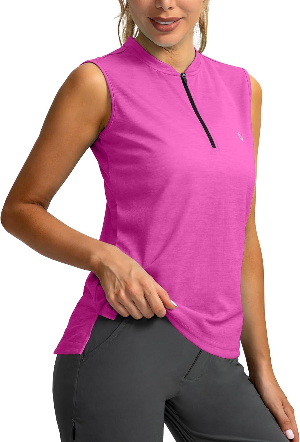 imageSANTINY Womens Sleeveless Golf Shirt Zip Up Tennis Lightweight Quick Dry Tank Tops Polo Shirts for WomenRose Red