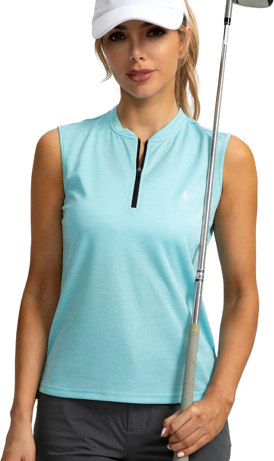 imageSANTINY Womens Sleeveless Golf Shirt Zip Up Tennis Lightweight Quick Dry Tank Tops Polo Shirts for WomenSky Blue