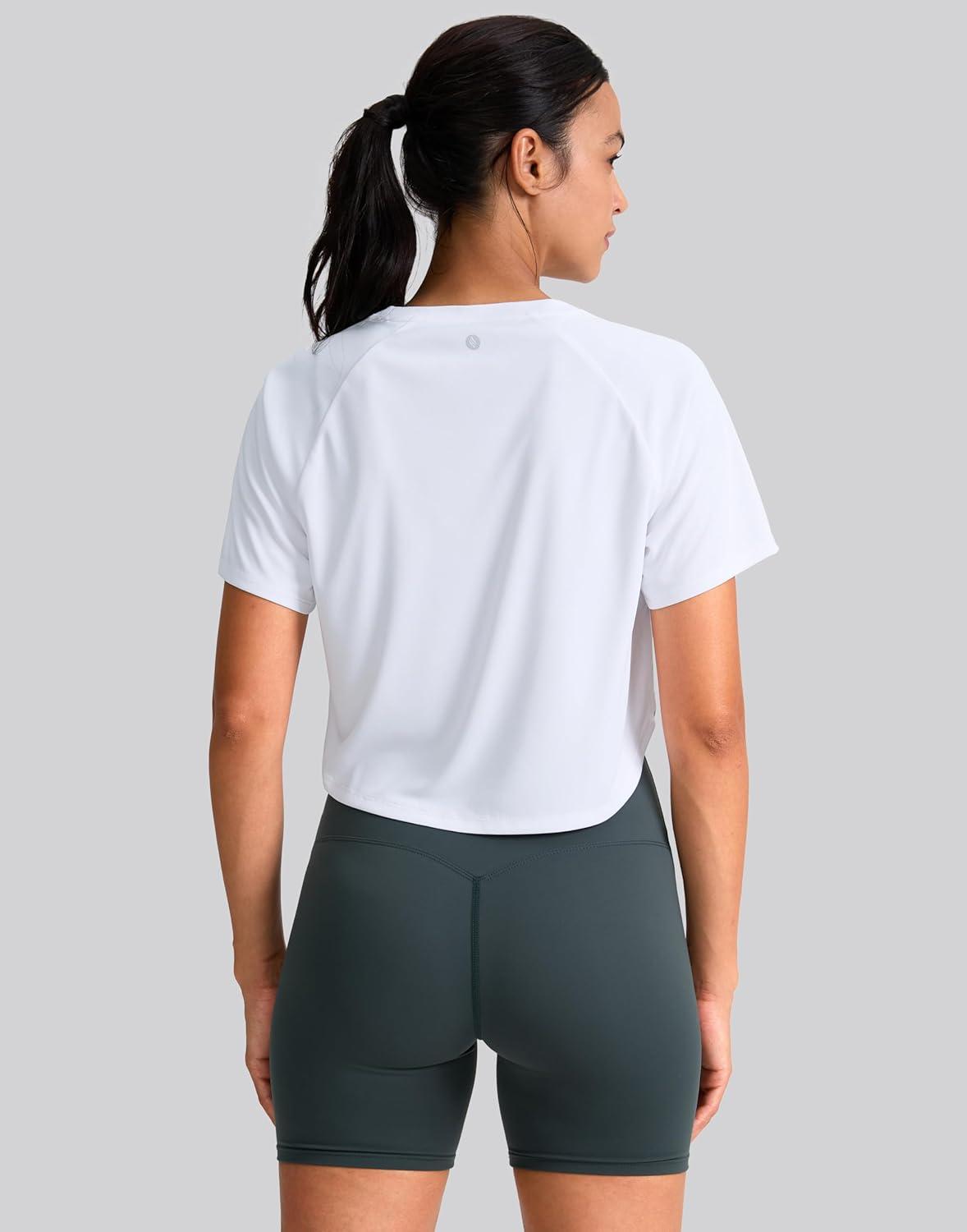 imageSANTINY Workout Crop Tops for Women Short Sleeve Athletic Shirts Cropped TShirt Yoga Gym Tops with Split HemWhite