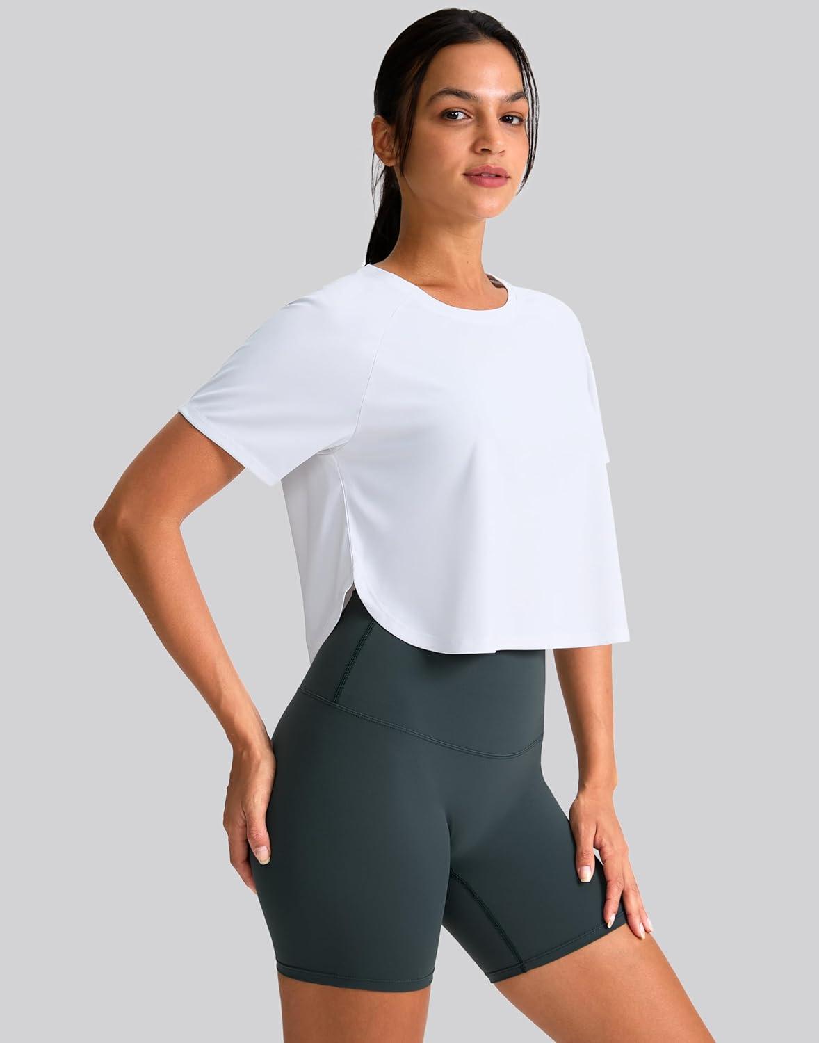 imageSANTINY Workout Crop Tops for Women Short Sleeve Athletic Shirts Cropped TShirt Yoga Gym Tops with Split HemWhite