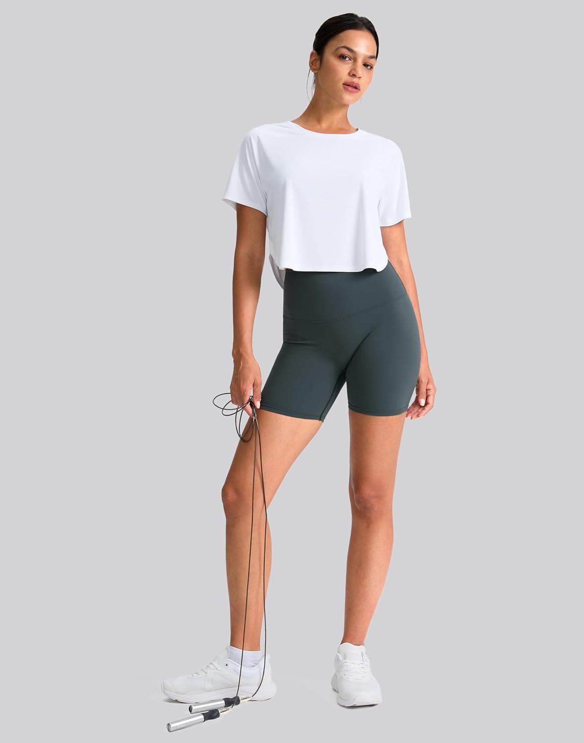 imageSANTINY Workout Crop Tops for Women Short Sleeve Athletic Shirts Cropped TShirt Yoga Gym Tops with Split HemWhite