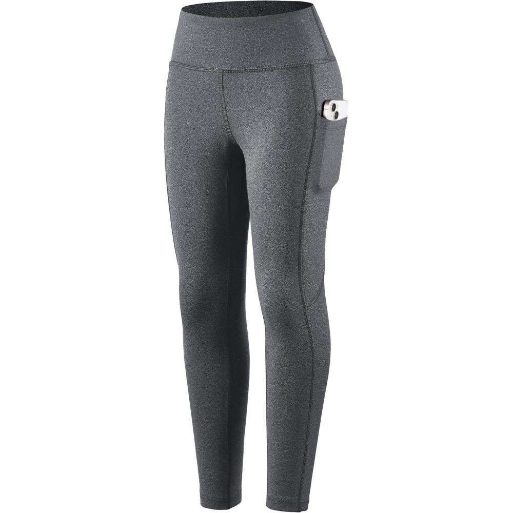 imageSANTINY Girls Fleece Lined Leggings with Pockets Kids Thermal Warm Winter High Waisted Athletic Running Workout Yoga PantsCharcoal