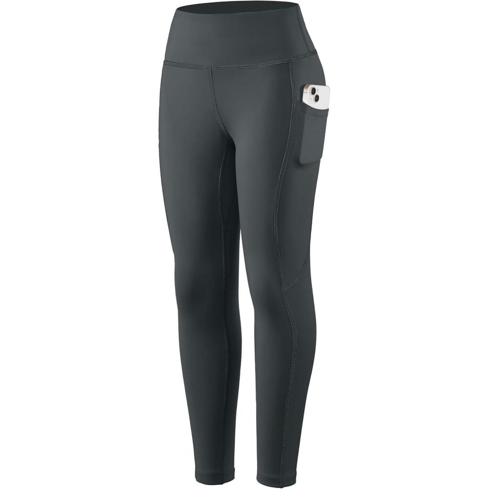 imageSANTINY Girls Fleece Lined Leggings with Pockets Kids Thermal Warm Winter High Waisted Athletic Running Workout Yoga PantsDark Grey