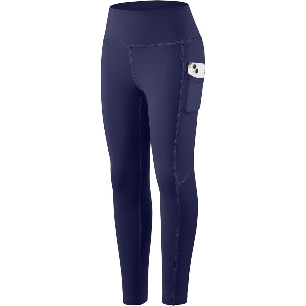 imageSANTINY Girls Fleece Lined Leggings with Pockets Kids Thermal Warm Winter High Waisted Athletic Running Workout Yoga PantsNavy