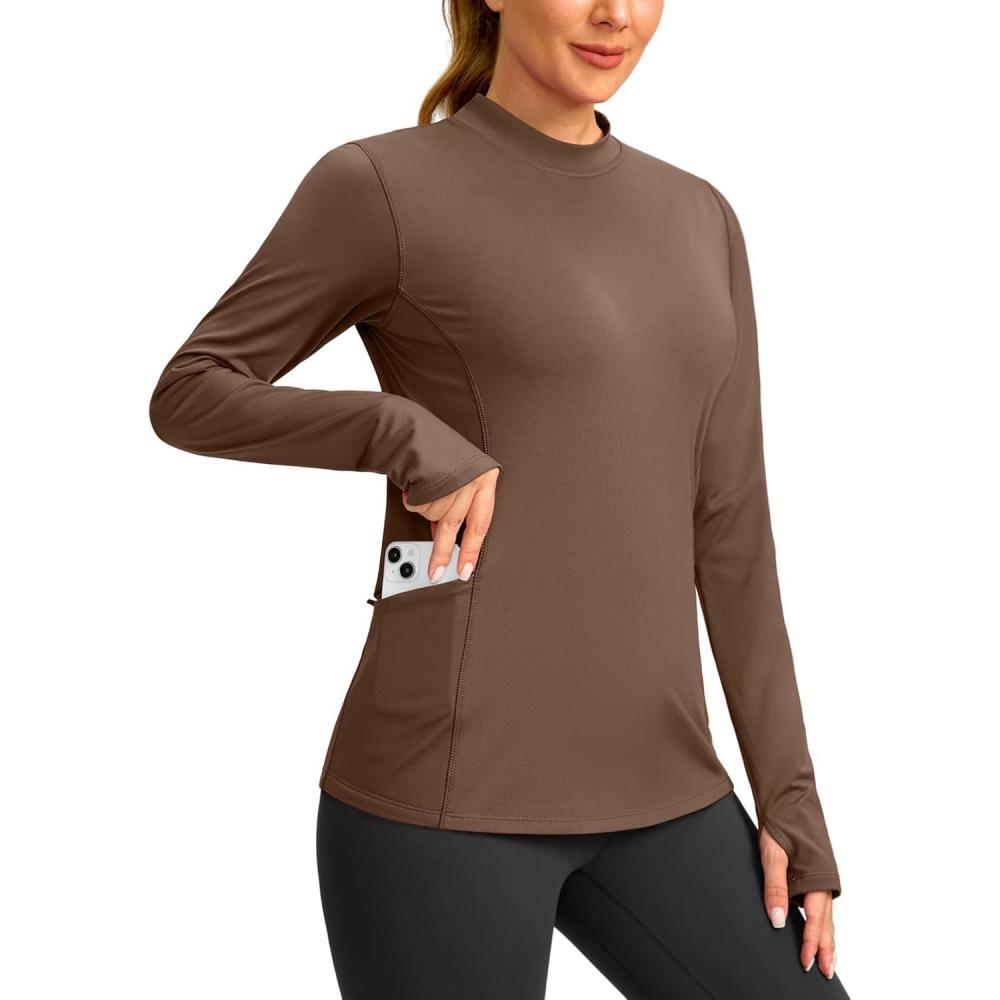 imageSANTINY Long Sleeve Thermal Shirts for Women Fleece Mock Neck Tops Winter Workout Running Gear with Zipper PocketsBrown