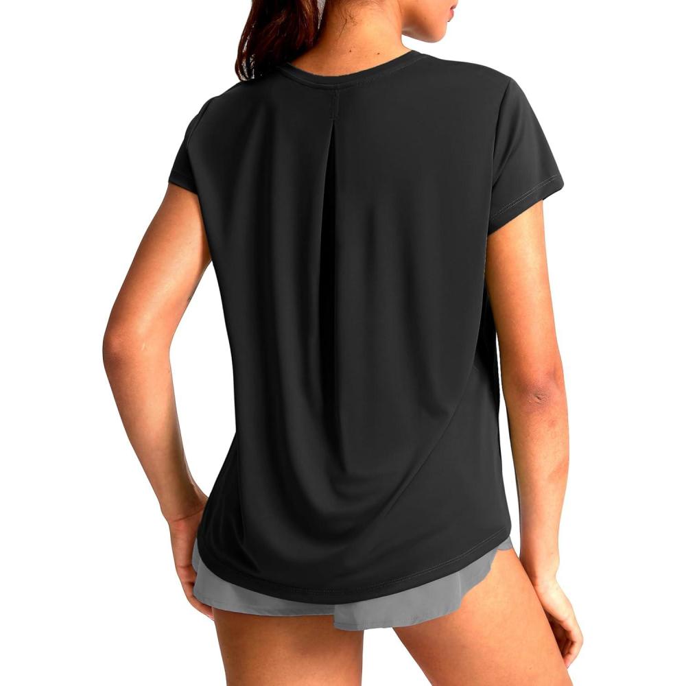 imageSANTINY Short Sleeve Workout Tops for Women Loose Yoga TShirts Sun Protection Breathable Running Athletic Tee ShirtsBlack