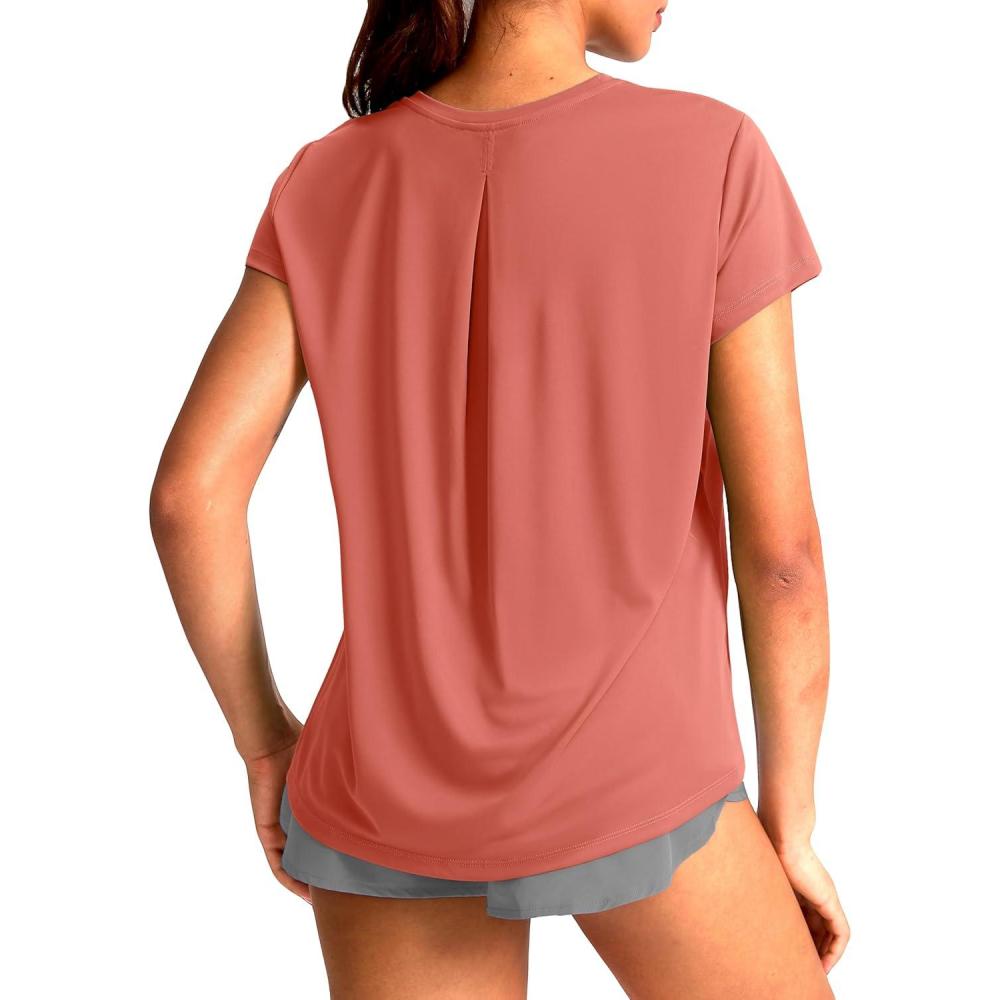 imageSANTINY Short Sleeve Workout Tops for Women Loose Yoga TShirts Sun Protection Breathable Running Athletic Tee ShirtsCoral Red