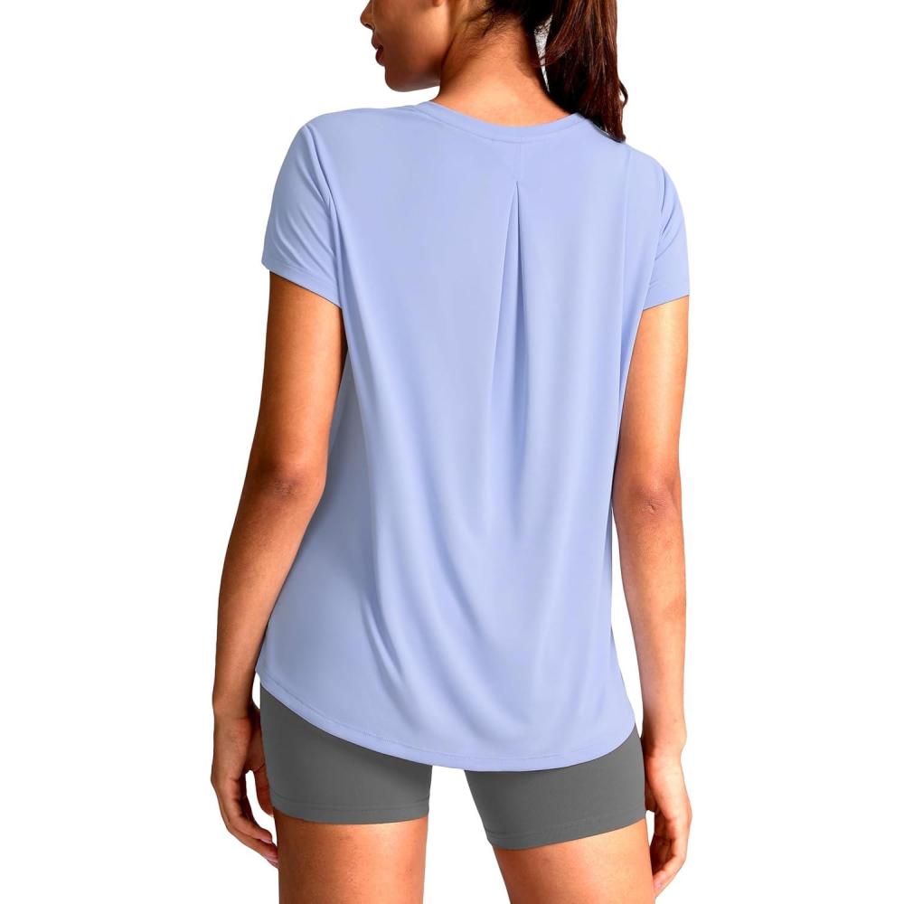 imageSANTINY Short Sleeve Workout Tops for Women Loose Yoga TShirts Sun Protection Breathable Running Athletic Tee ShirtsLight Blue