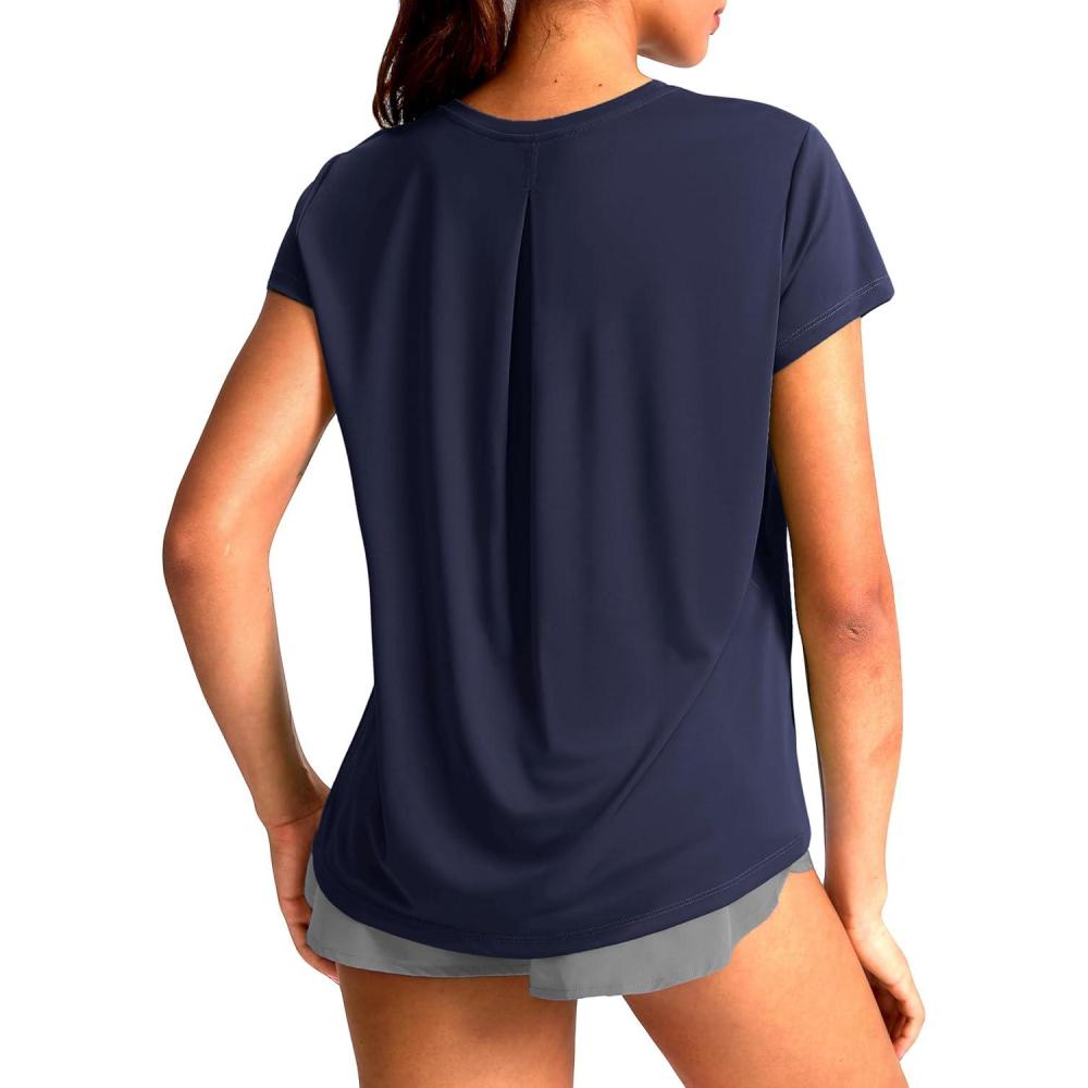 imageSANTINY Short Sleeve Workout Tops for Women Loose Yoga TShirts Sun Protection Breathable Running Athletic Tee ShirtsNavy
