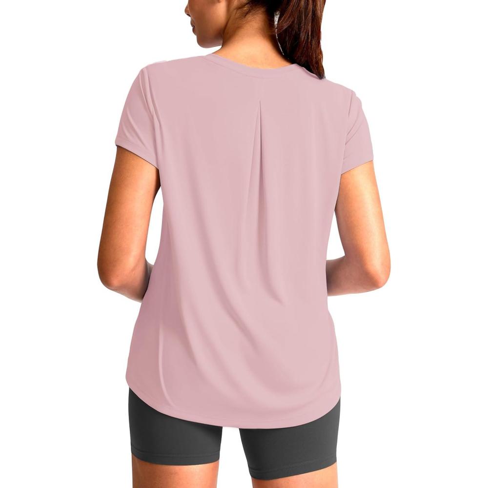 imageSANTINY Short Sleeve Workout Tops for Women Loose Yoga TShirts Sun Protection Breathable Running Athletic Tee ShirtsPink
