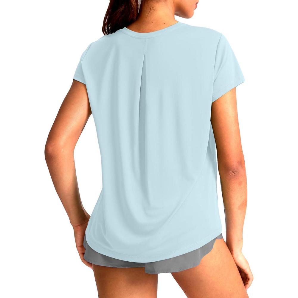 imageSANTINY Short Sleeve Workout Tops for Women Loose Yoga TShirts Sun Protection Breathable Running Athletic Tee ShirtsSky Blue
