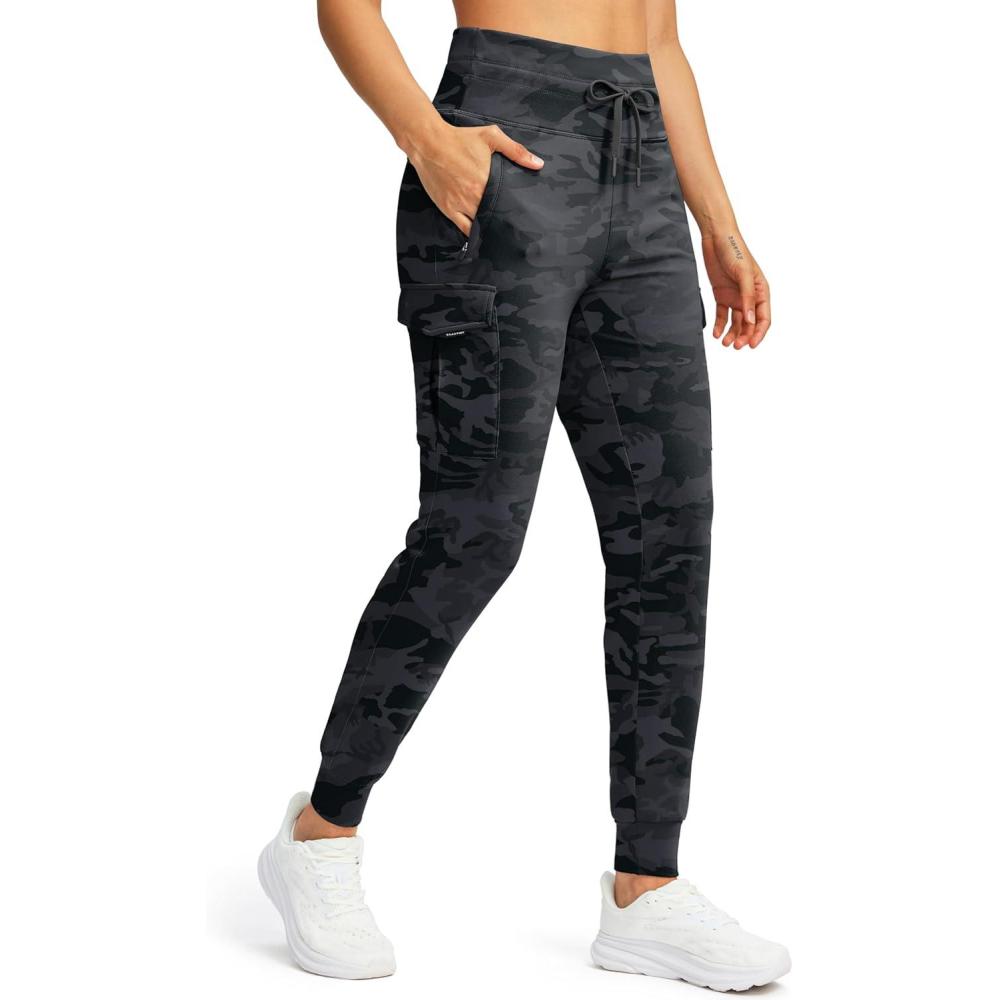 imageSANTINY Women Fleece Lined Cargo Joggers High Waisted Winter Warm Waterproof Hiking Pants with Zipper PocketsGrey Camo