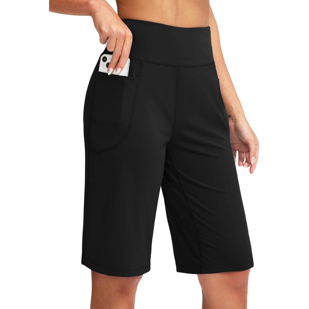 imageSANTINY Womens 12quot Bermuda Shorts Knee Length with Pockets High Waisted Long Shorts for Women Stretch Casual WalkingBlack