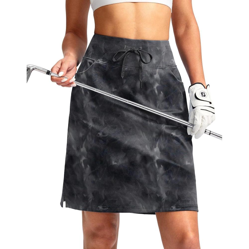 imageSANTINY Womens 20 Knee Length Skorts Skirts 6 Pockets High Waisted Drawstring Long Athletic Tennis Golf Skirt WomenBlack Tie Dye