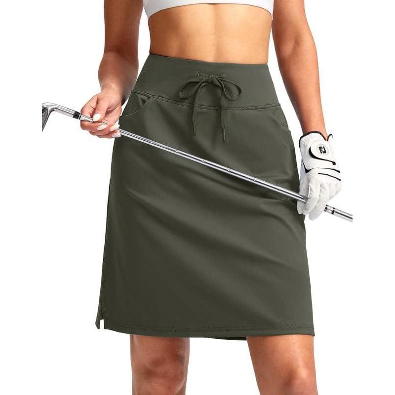 imageSANTINY Womens 20 Knee Length Skorts Skirts 6 Pockets High Waisted Drawstring Long Athletic Tennis Golf Skirt WomenOlive