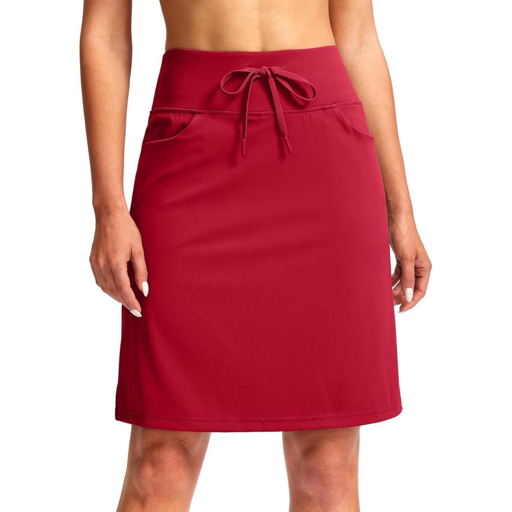 imageSANTINY Womens 20 Knee Length Skorts Skirts 6 Pockets High Waisted Drawstring Long Athletic Tennis Golf Skirt WomenRed