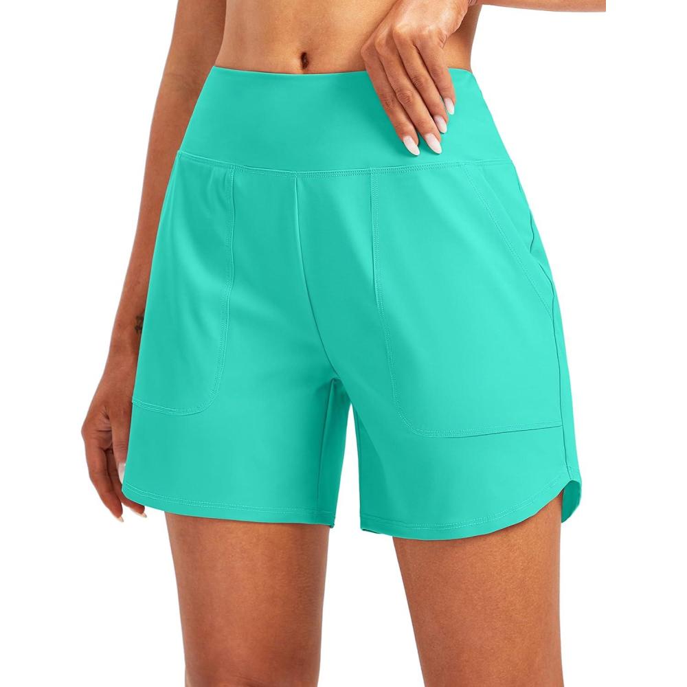 imageSANTINY Womens 5 High Waisted Swim Board Shorts with Pockets UPF50 Quick Dry Bathing Suit Shorts for Women