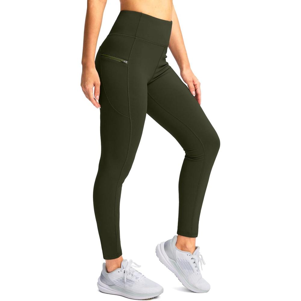 imageSANTINY Womens Fleece Lined Winter Leggings Water Resistant High Waisted Thermal Hiking Running Warm Pants Women PocketsOlive