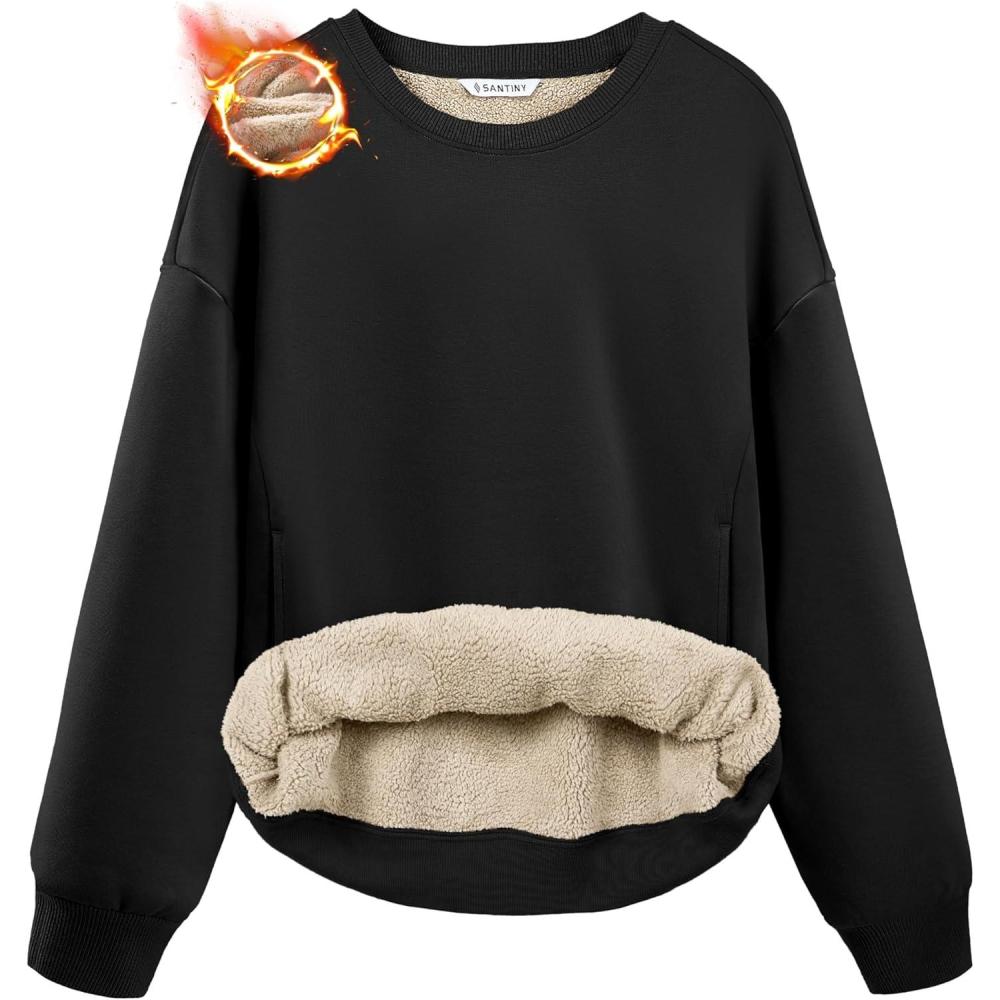 imageSANTINY Womens Fleece Sherpa Lined Sweatshirt Warm Winter Pullover Sweaters Cozy Thick Crewneck Sweatshirts with PocketsBlack