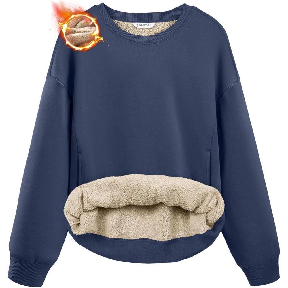 imageSANTINY Womens Fleece Sherpa Lined Sweatshirt Warm Winter Pullover Sweaters Cozy Thick Crewneck Sweatshirts with PocketsDenim Blue