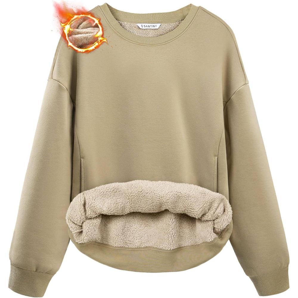 imageSANTINY Womens Fleece Sherpa Lined Sweatshirt Warm Winter Pullover Sweaters Cozy Thick Crewneck Sweatshirts with PocketsKhaki