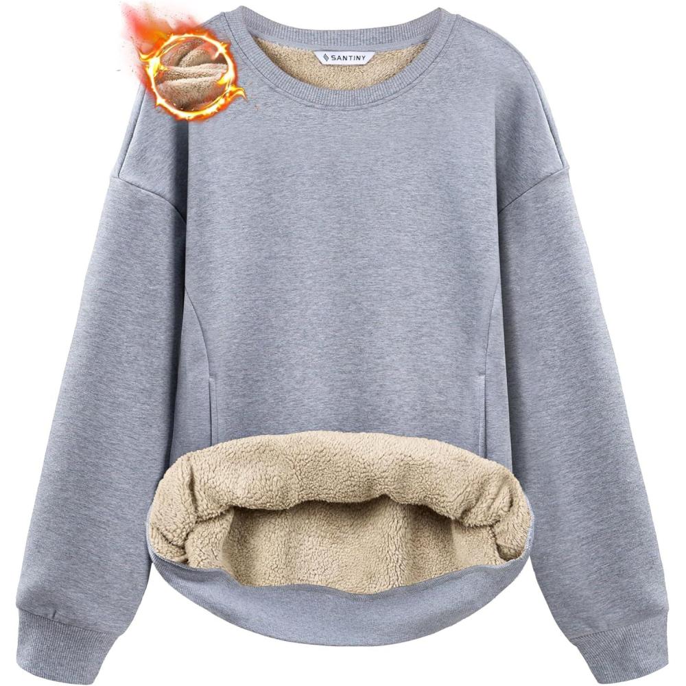 imageSANTINY Womens Fleece Sherpa Lined Sweatshirt Warm Winter Pullover Sweaters Cozy Thick Crewneck Sweatshirts with PocketsLight Grey Heather