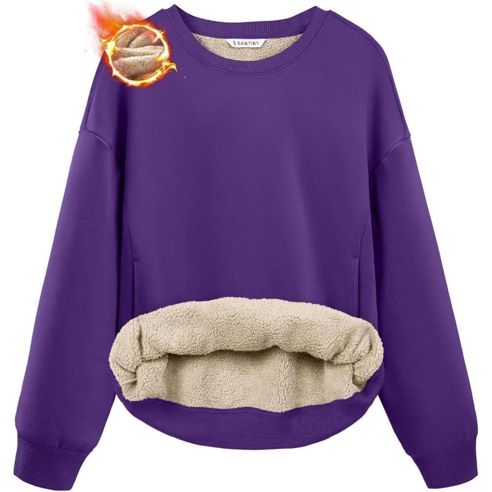 imageSANTINY Womens Fleece Sherpa Lined Sweatshirt Warm Winter Pullover Sweaters Cozy Thick Crewneck Sweatshirts with PocketsPurple
