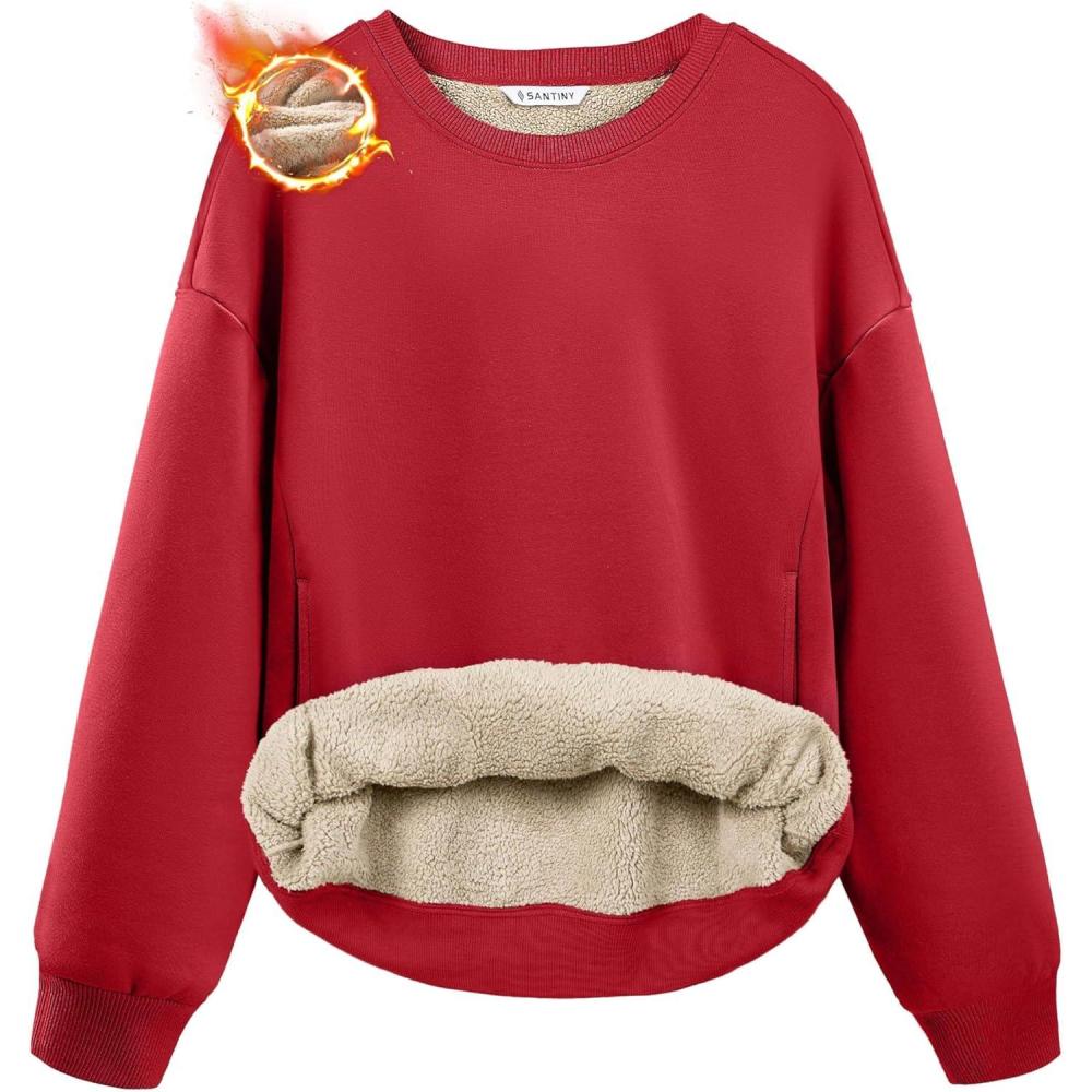 imageSANTINY Womens Fleece Sherpa Lined Sweatshirt Warm Winter Pullover Sweaters Cozy Thick Crewneck Sweatshirts with PocketsRed