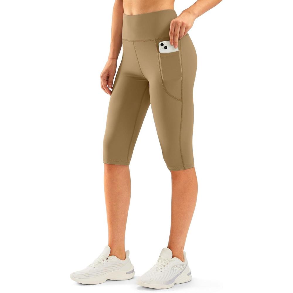 imageSANTINY Womens Knee Length Capri Leggings with Pockets High Waisted Workout Exercise Yoga Capris Pants for WomenDark Khaki