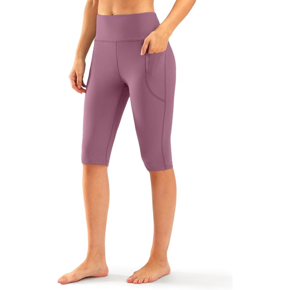 imageSANTINY Womens Knee Length Capri Leggings with Pockets High Waisted Workout Exercise Yoga Capris Pants for WomenDusty Pink