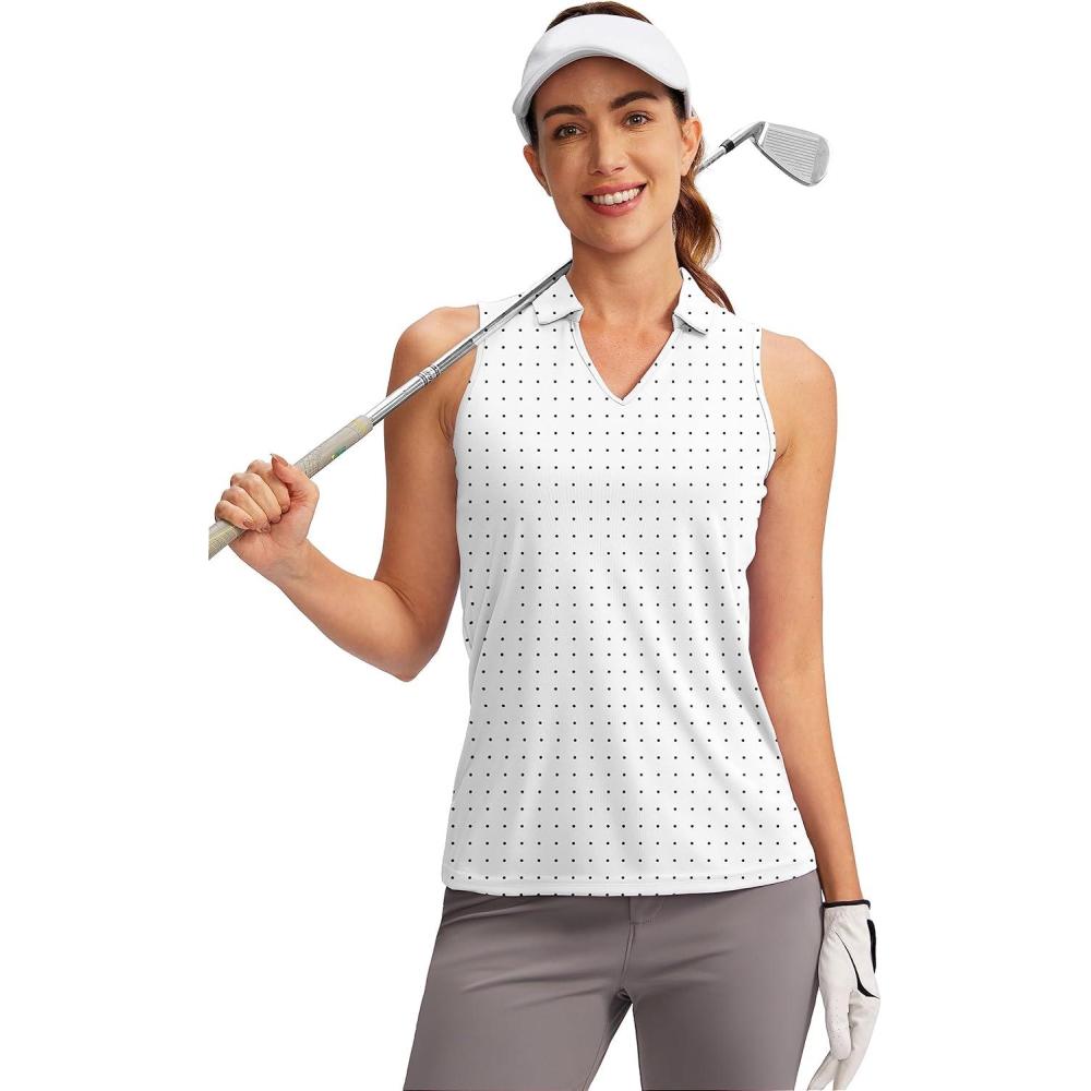 imageSANTINY Womens Sleeveless Golf Shirt VNeck Tennis Tank Tops Collared Golf Polo Shirts for WomenBlack Dot